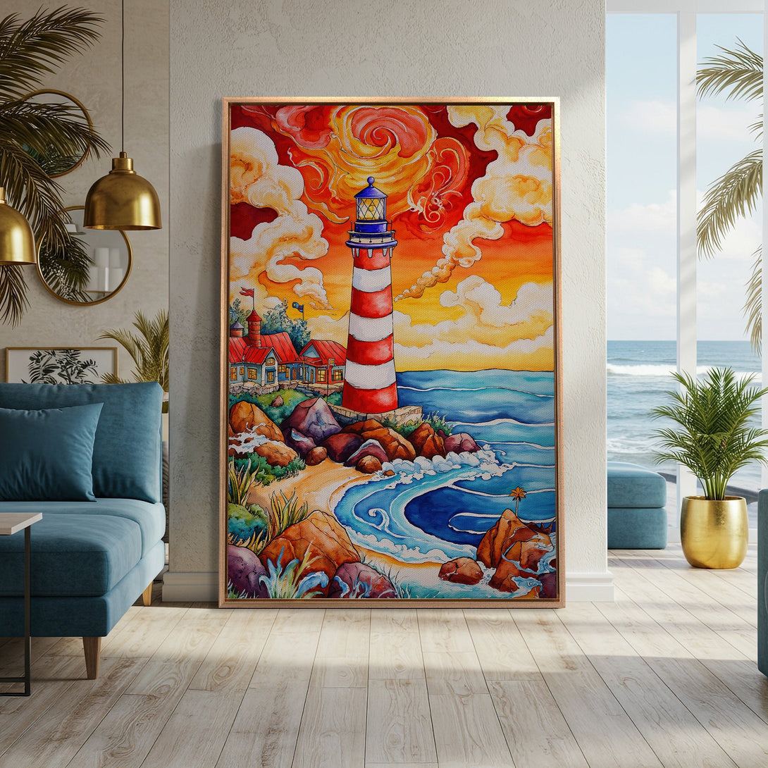 Framed Wall Art: Watercolor lighthouse painting with vibrant red, orange, and blue hues. Coastal scene adds a touch of serenity to any space. Shop now!