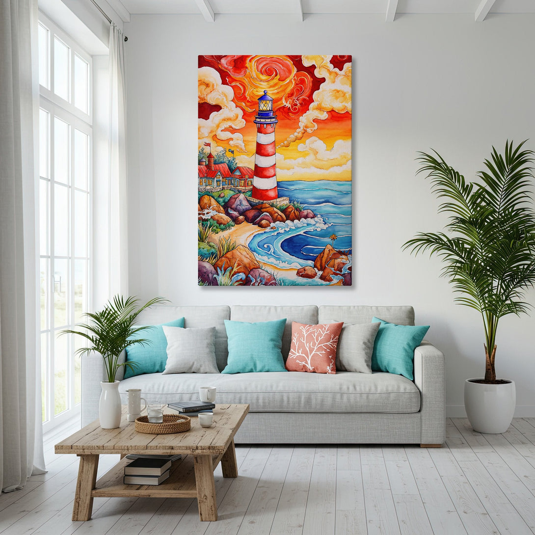 Framed Wall Art: Lighthouse painting with vibrant red, orange, and blue hues. Coastal art in a modern living room, perfect for beach house decor.