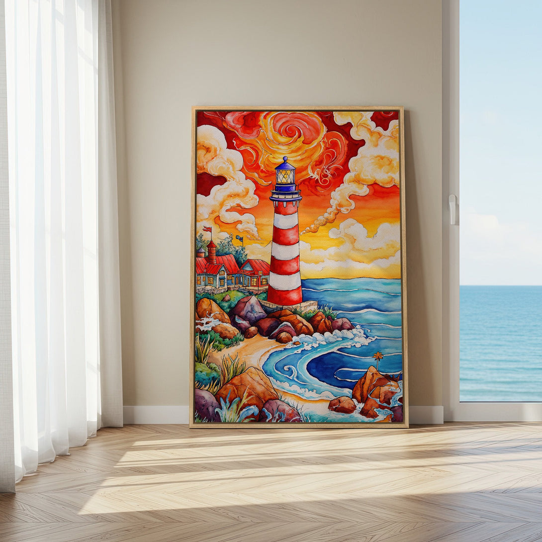 Framed Wall Art: Colorful lighthouse painting with vibrant red, orange, and blue hues. Coastal art perfect for adding a touch of warmth and style to any space.