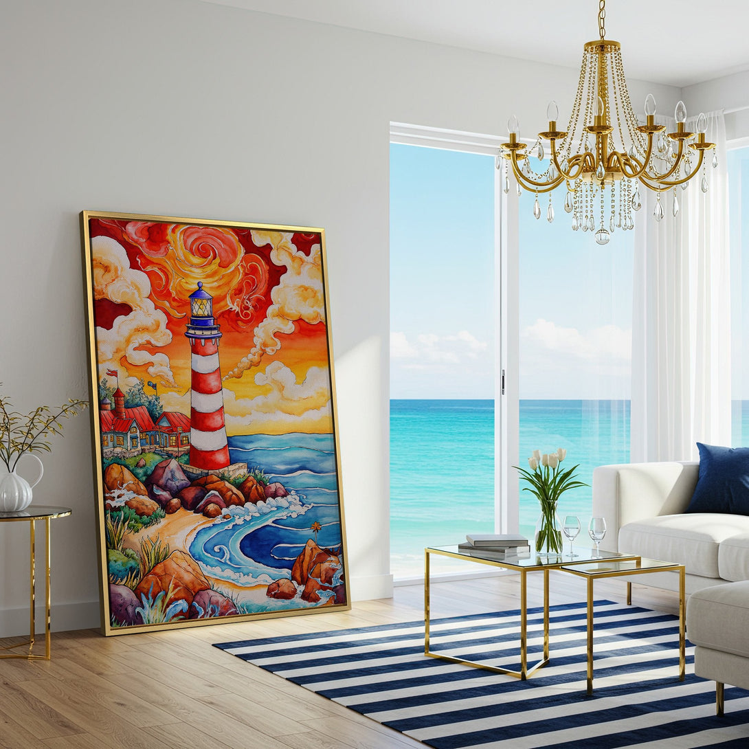 Canvas Print of a watercolor lighthouse scene. Vibrant red, orange, and blue color palette. Coastal wall art for a cozy home.