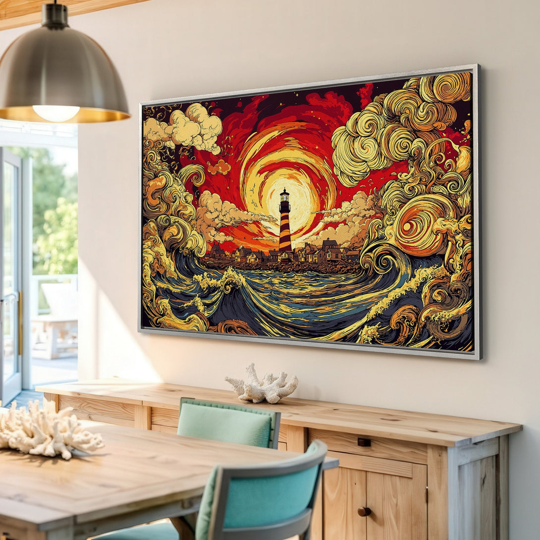 Framed Wall Art: Lighthouse canvas print in vibrant red, gold, and blue. Coastal art with a unique, stylized design for your home decor.