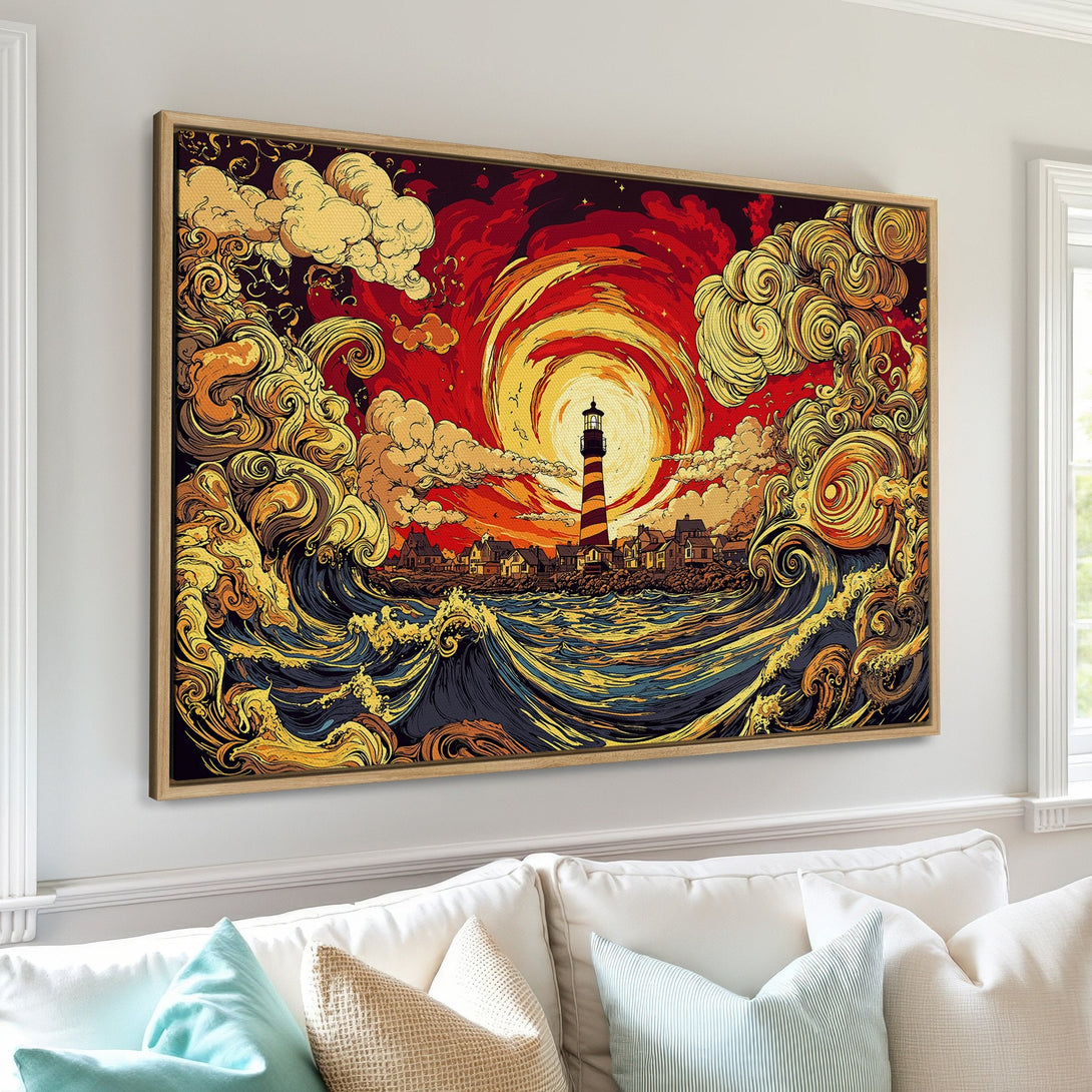 Framed Wall Art: Lighthouse art print in a vibrant, stylized design with a warm red, yellow, and blue color palette. Perfect for coastal decor.