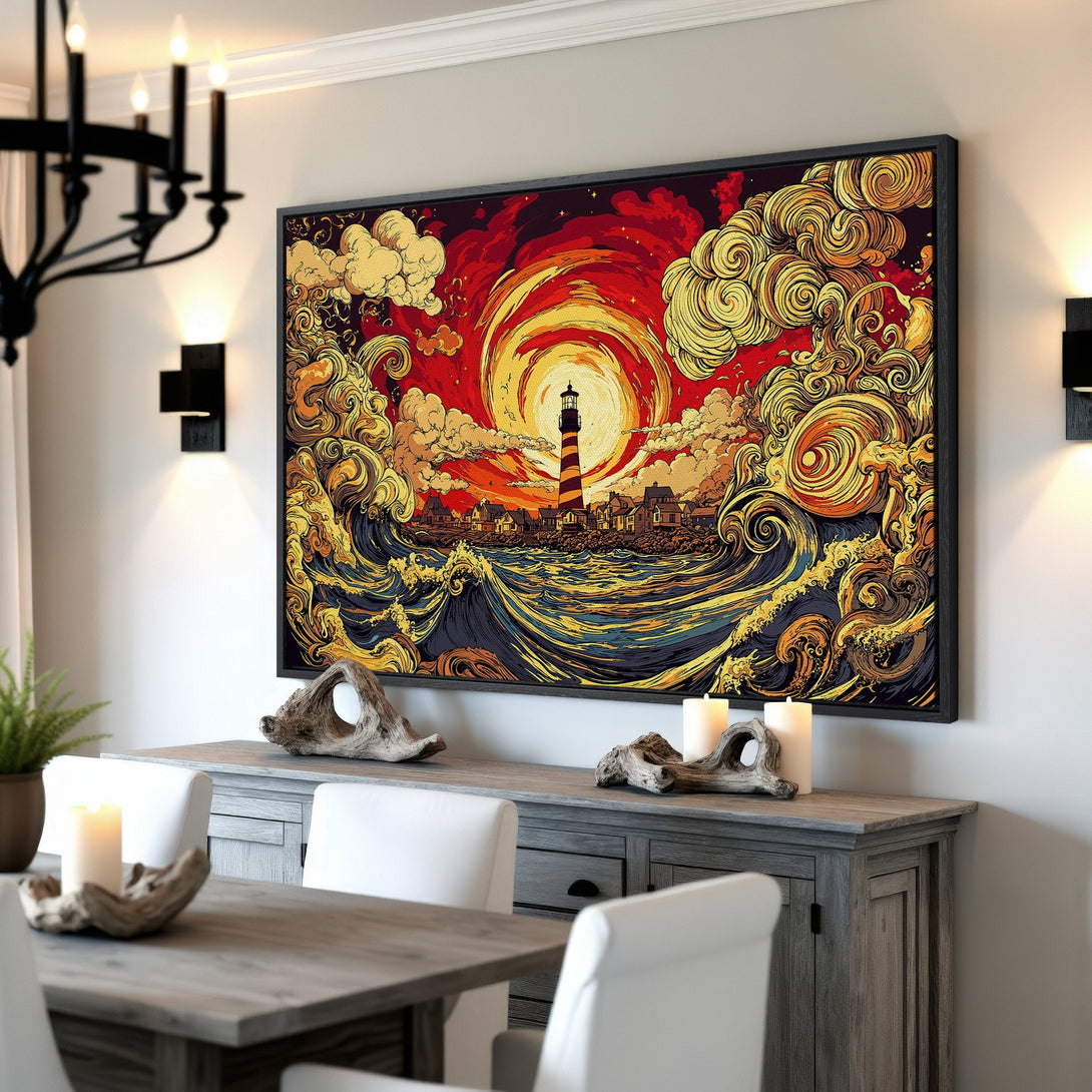 Framed Wall Art: Lighthouse art print in vibrant red, yellow, and blue tones. Coastal-inspired artwork adds a bold statement to any room.