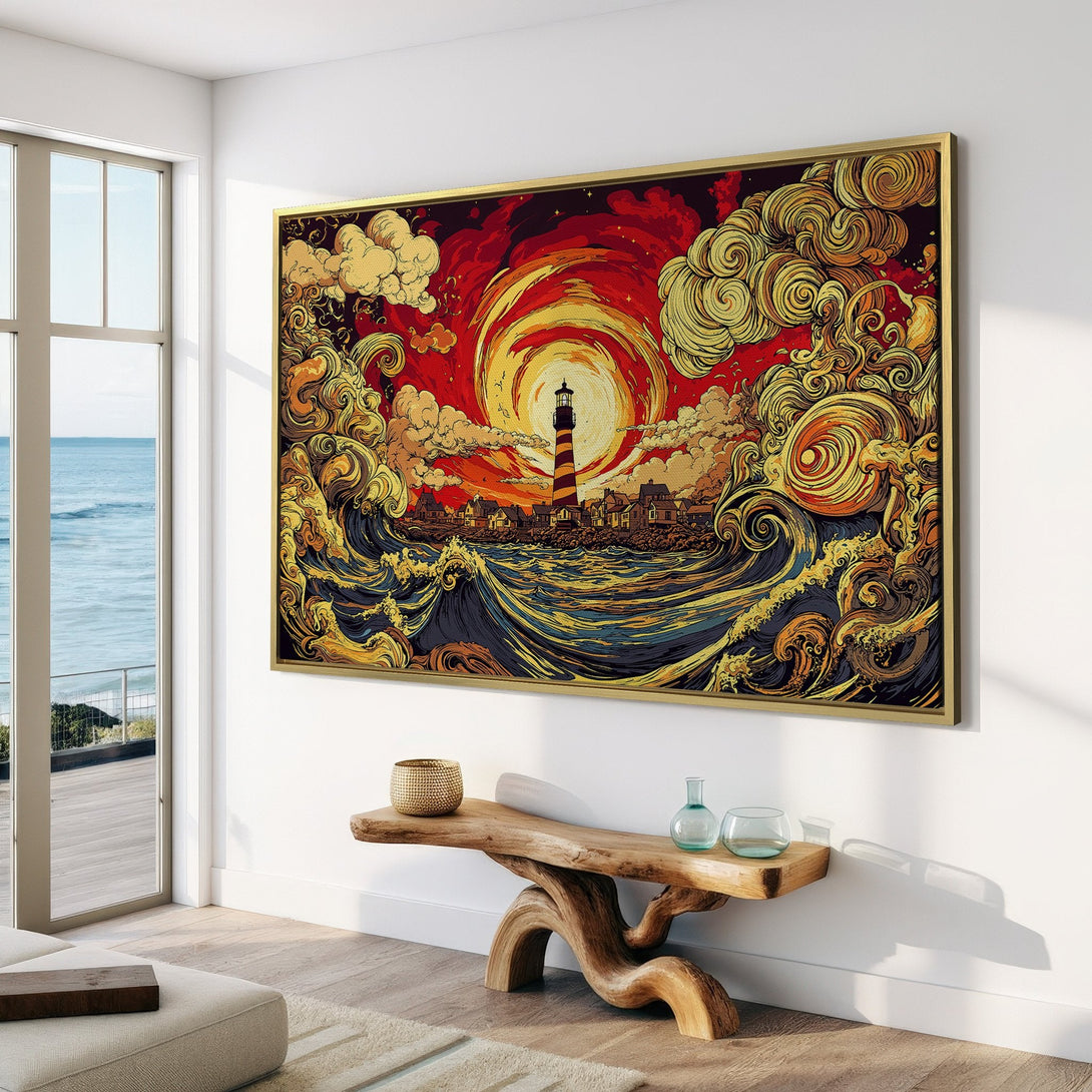 Canvas Print featuring a stylized lighthouse scene with swirling waves and clouds in a warm red, gold, and blue color palette.