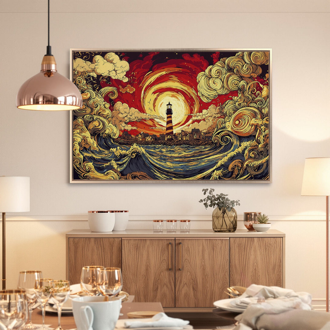 Framed Wall Art: Lighthouse canvas print in vibrant red, yellow, and blue tones. Coastal artwork for a stylish home.