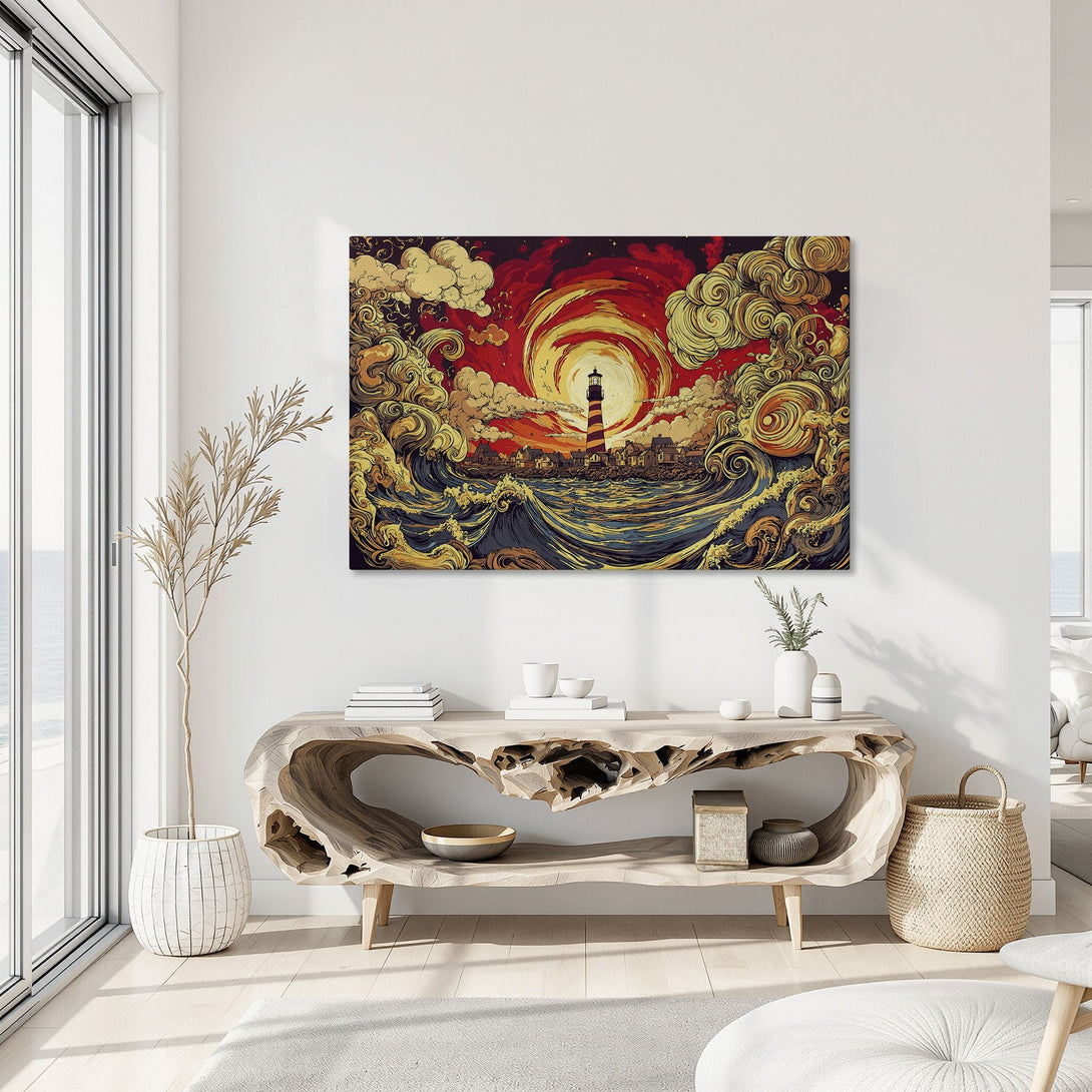 Framed Wall Art featuring a lighthouse illustration in a vibrant red, gold, and blue color palette. Perfect coastal decor for your home!