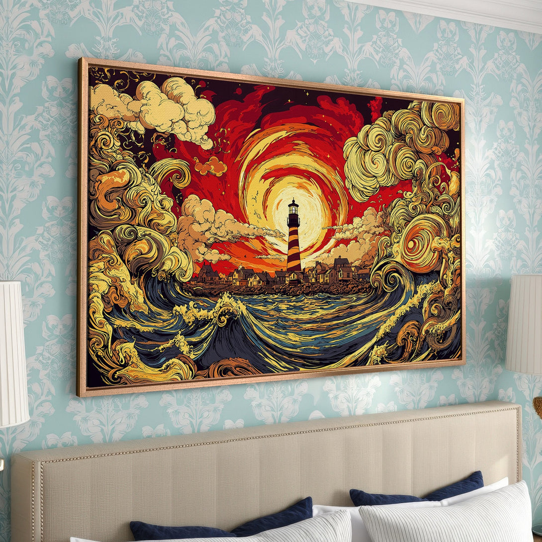 Framed Wall Art featuring a vibrant lighthouse scene in a bold, illustrative style with a warm red, yellow, and blue color palette. Perfect coastal decor!