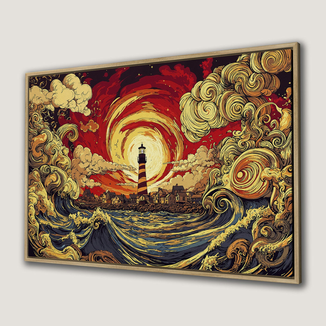 Framed Wall Art: Lighthouse art print in a bold, stylized design with a warm red, gold, and blue color palette. Perfect coastal decor.