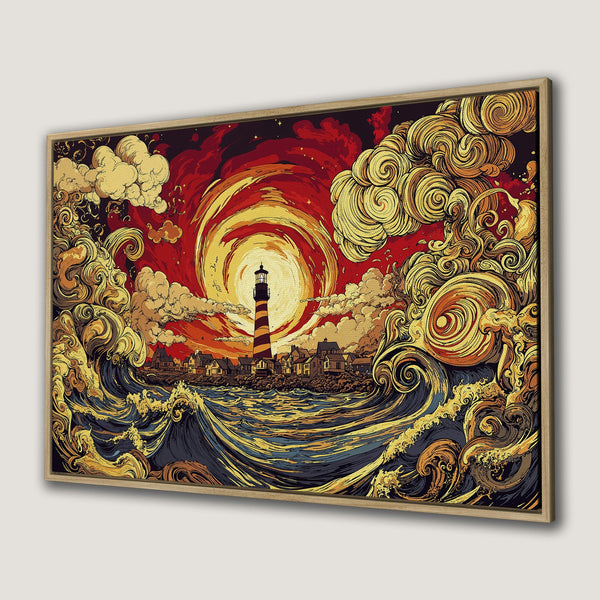 Framed Wall Art: Lighthouse art print in a bold, stylized design with a warm red, gold, and blue color palette. Perfect coastal decor.
