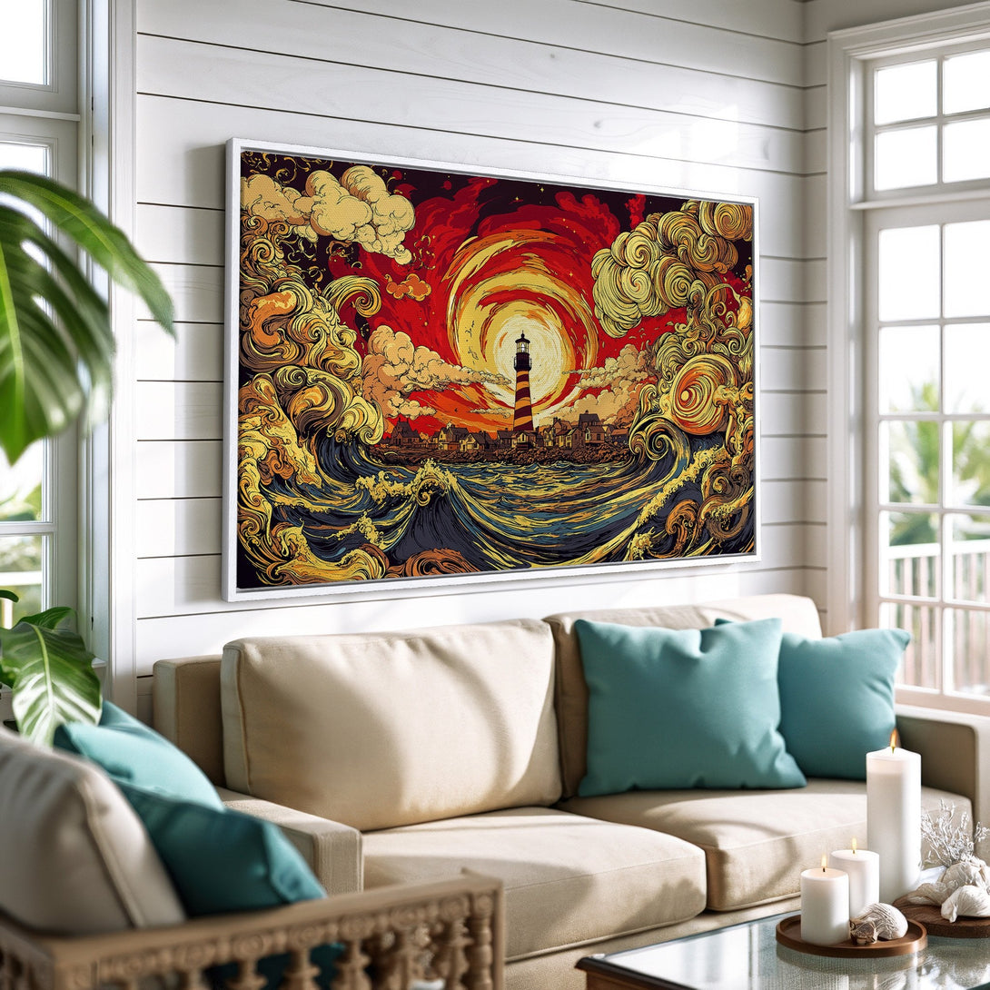Framed Wall Art: Lighthouse art print in a vibrant, stylized design with a warm red, gold, and blue color palette. Perfect coastal decor.