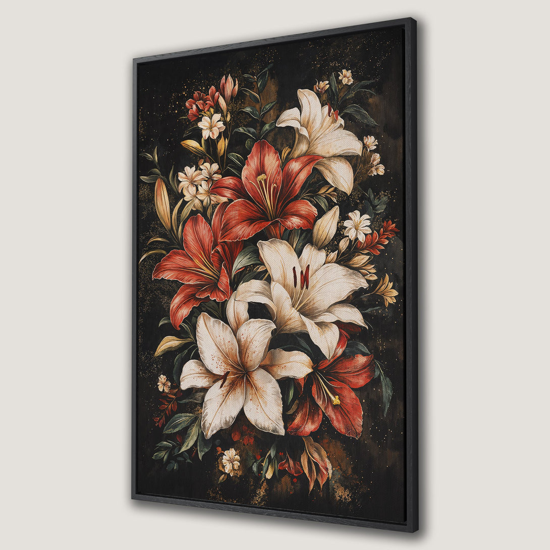 Framed Wall Art featuring a stunning floral arrangement of lilies in red, cream, and green hues. Add elegance to your space with this beautiful canvas print!