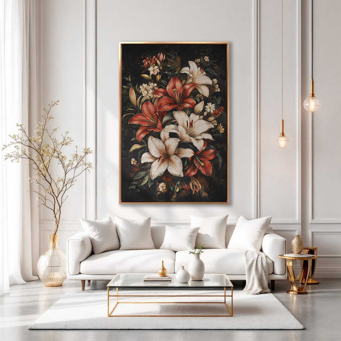 Framed Wall Art featuring a floral bouquet in a luxurious interior. Warm tones of red, white, and gold create an elegant and inviting ambiance.