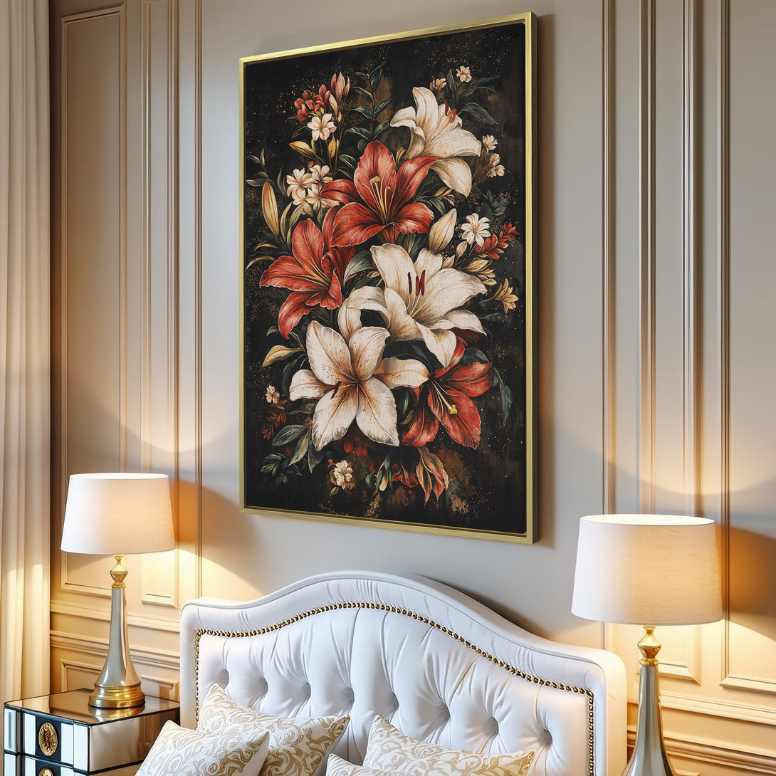 Canvas Print of vibrant floral art in a modern interior. Features lilies in red, white, and cream against a dark background. A stunning wall decor piece.