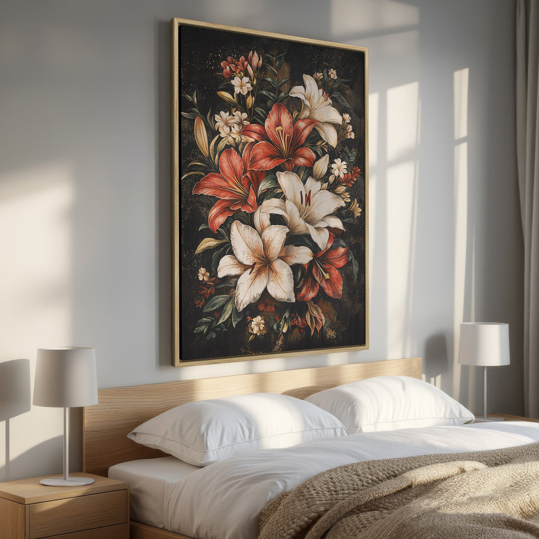 Framed Wall Art featuring a floral bouquet in red, white, and green hues. Elegant botanical art adds a touch of sophistication to any bedroom.