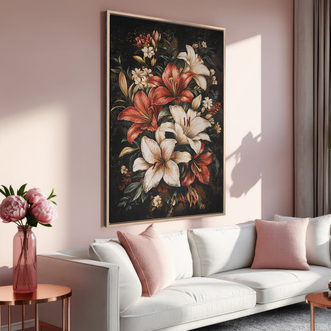 Framed Wall Art featuring a floral bouquet in a dark, moody style with red, white, and green hues. Perfect for adding elegance to your living room!
