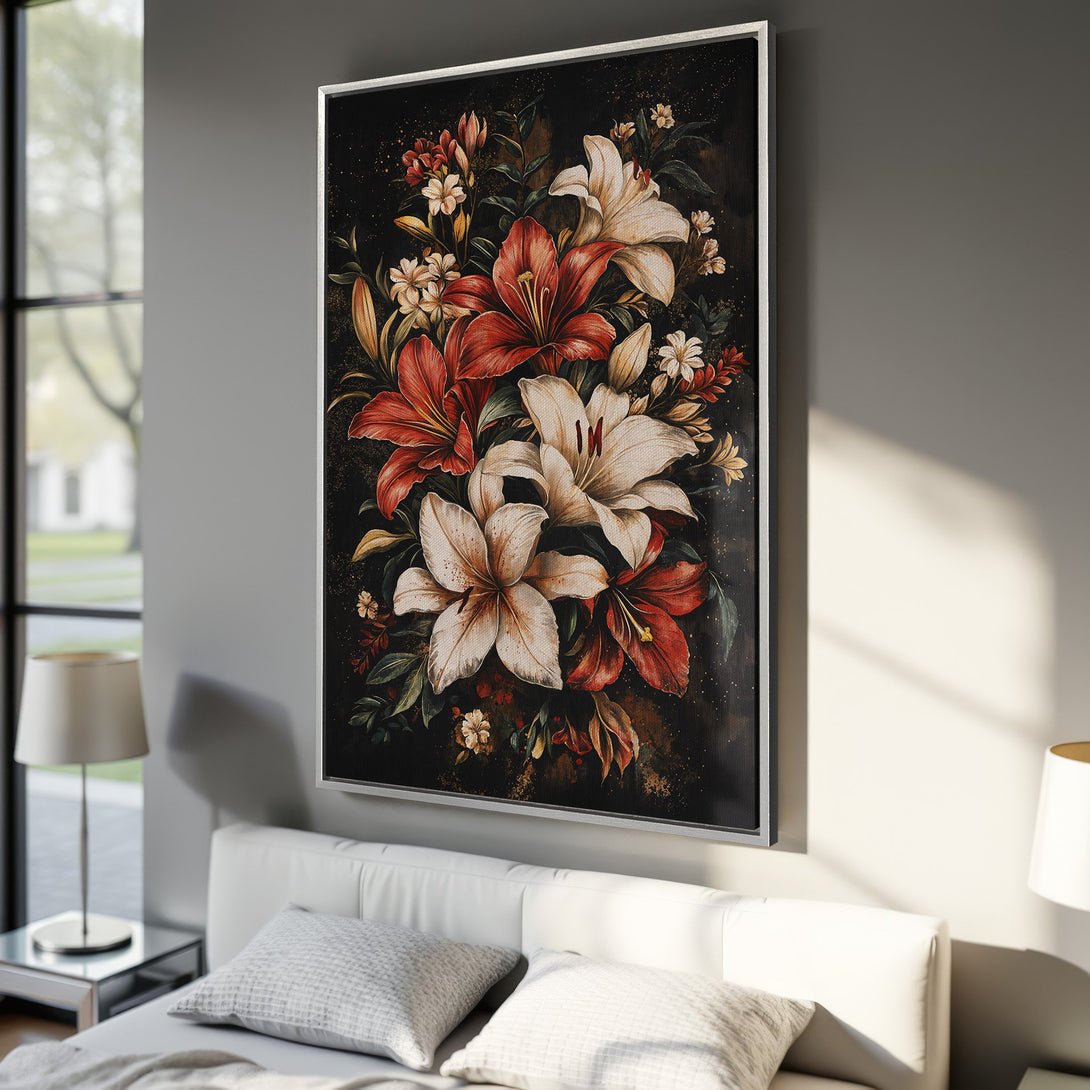 Framed Wall Art featuring a floral bouquet with red and white lilies on a dark background. Elegant art for bedroom decor.