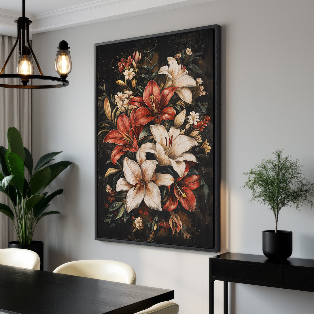 Framed Wall Art: Floral canvas print with lilies in red, white, and gold. Elegant artwork for modern home decor. Shop now for stunning wall art!