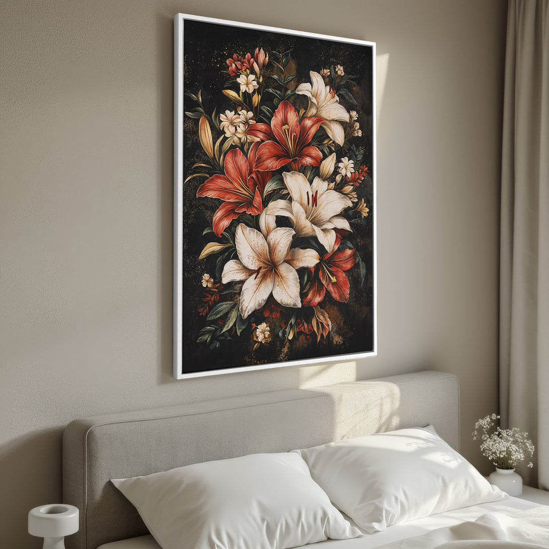 Framed Wall Art featuring a vibrant floral bouquet in red, white, and green hues against a dark background. Perfect bedroom decor!