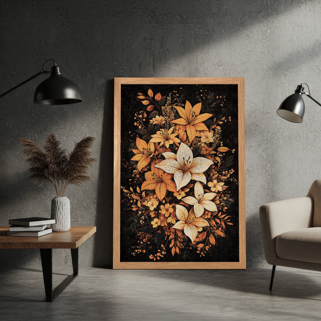 Framed Poster featuring a floral illustration in a warm, autumnal color palette. Perfect for adding a touch of elegance to any space.