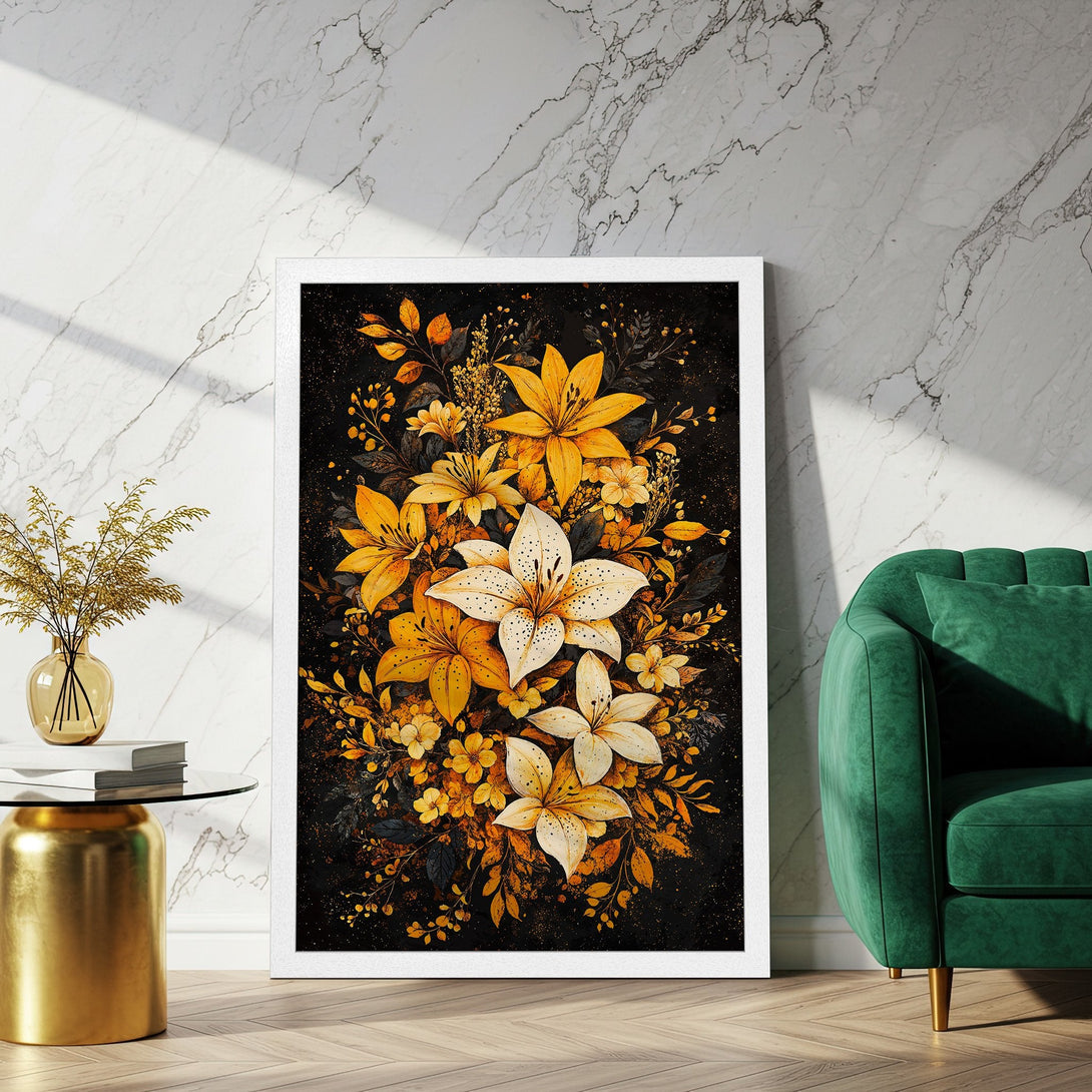 Framed Poster featuring vibrant floral art in yellow, white, and black. Perfect wall decor for a stylish home.