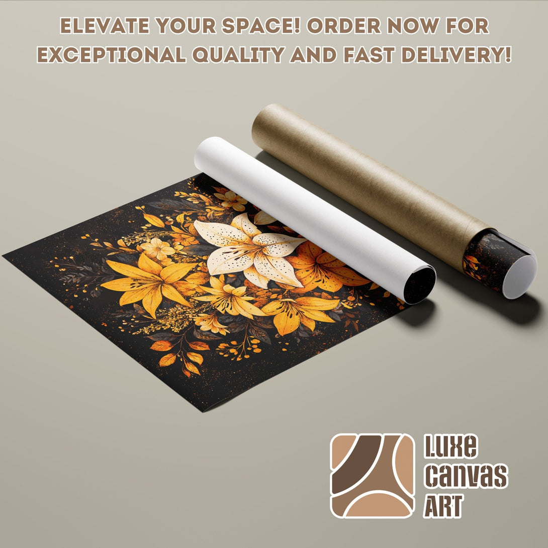 Poster Roll featuring a floral design in yellow and black. Modern art style with a warm color palette.