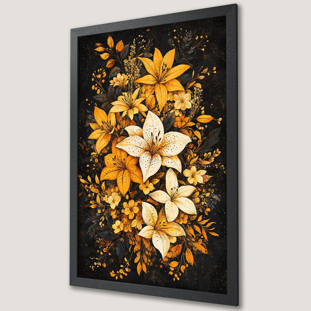 Framed Poster featuring vibrant yellow floral art on a black background. Modern style, perfect for home decor. Add a touch of elegance with this beautiful poster!