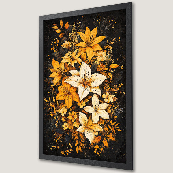 Framed Poster featuring vibrant yellow floral art on a black background. Modern style, perfect for home decor. Add a touch of elegance with this beautiful poster!