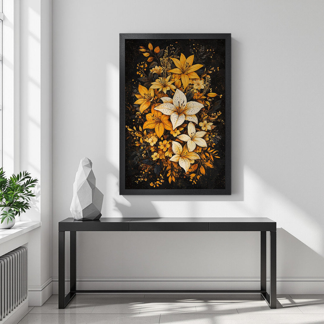 Framed Poster featuring a floral design in yellow and white on a black background. Modern art style, perfect for home decor.