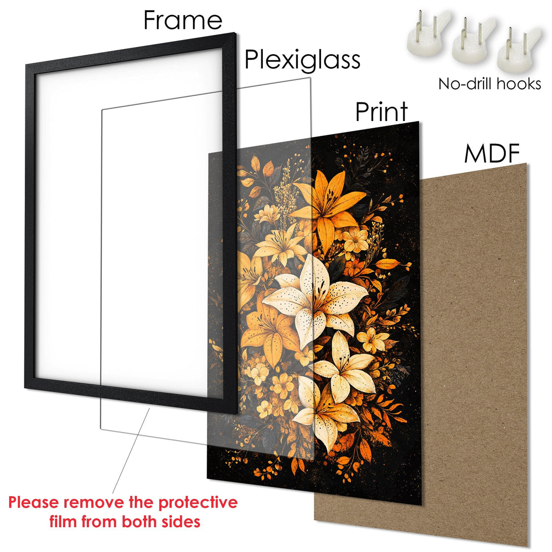 Framed Poster featuring a floral design in a warm, orange and black color palette. Perfect art for your home!