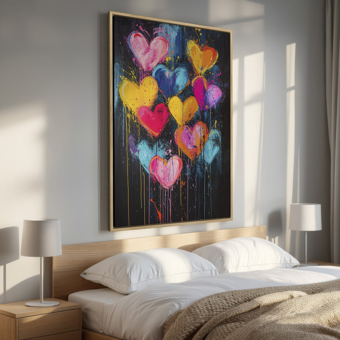 Framed Wall Art of colorful hearts in an abstract style. A vibrant, modern piece with a dark background and a bright color palette. Perfect bedroom decor.