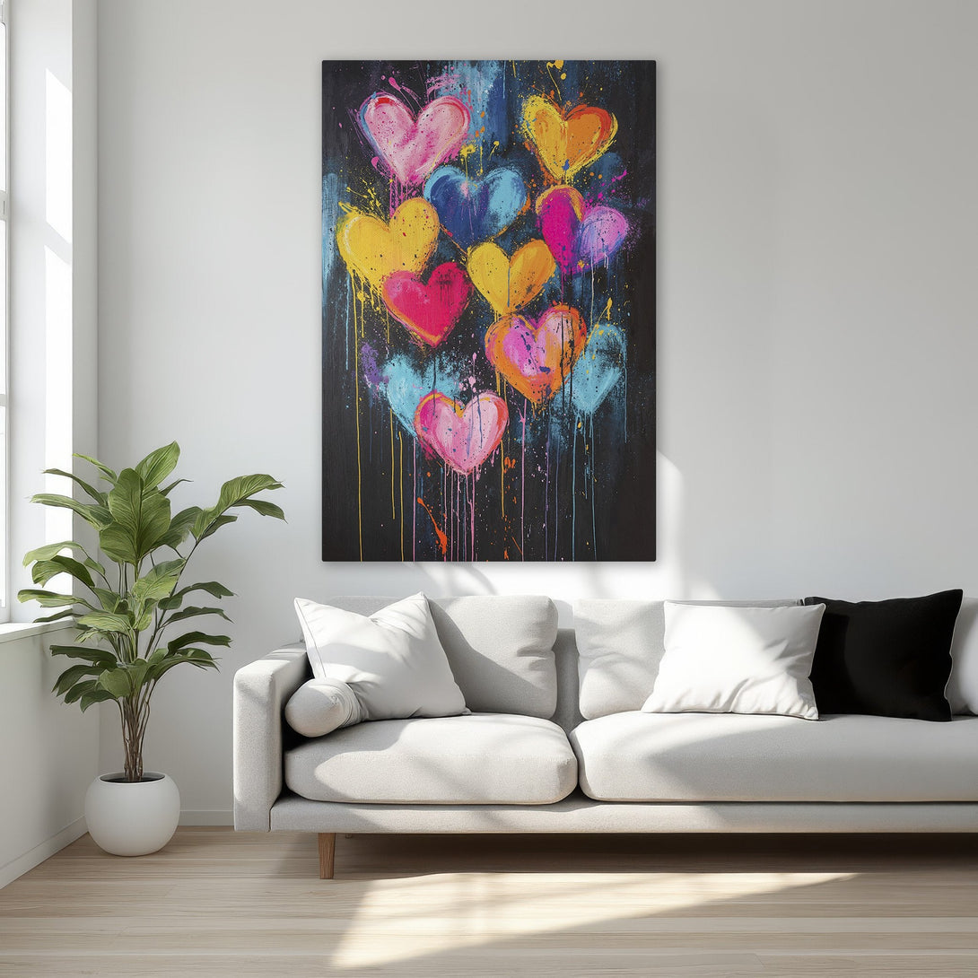 Framed Wall Art: Colorful heart painting in a modern, abstract style. Vibrant pink, yellow, and blue hearts on a black background. Perfect for adding a pop of color!