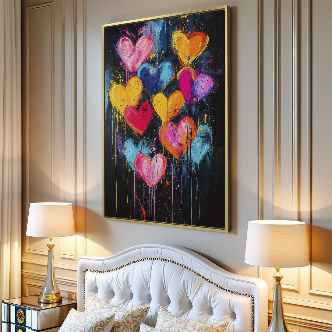 Canvas Print of colorful heart art in a modern living room. Vibrant, abstract style with a bright, multi-color palette. Perfect wall decor!