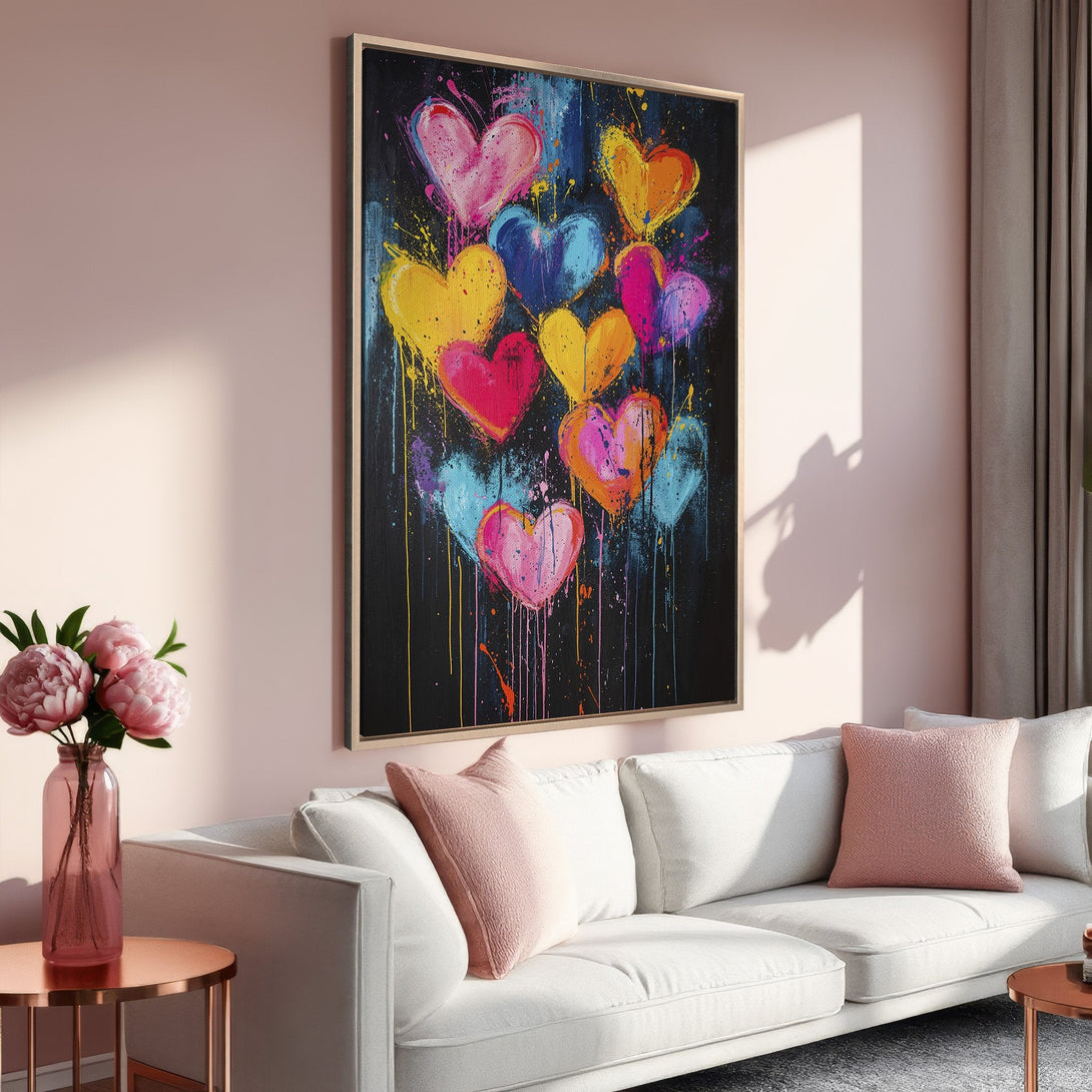 Framed Wall Art: Vibrant heart painting in a modern style, featuring a colorful palette of pink, yellow, blue, and purple. Perfect for adding a pop of art!