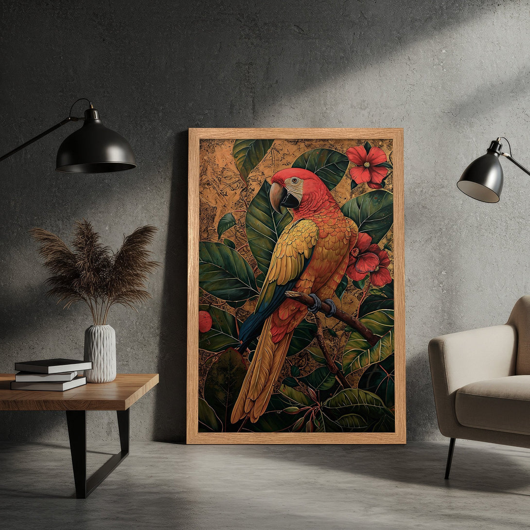 Framed Poster featuring a vibrant parrot illustration in a botanical style, with a warm color palette of red, gold, and green.