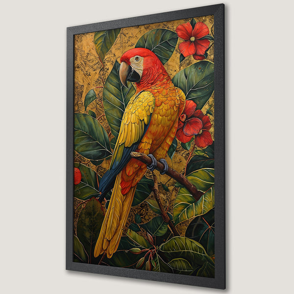 Framed Poster featuring a vibrant parrot in a tropical style, with a rich gold, red, and green color palette. Add a touch of paradise to your space!
