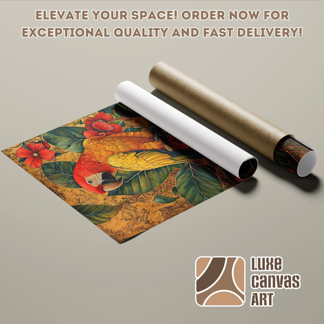 Poster Roll featuring a vibrant parrot artwork, botanical style, with a warm, earthy color palette. Order yours today!