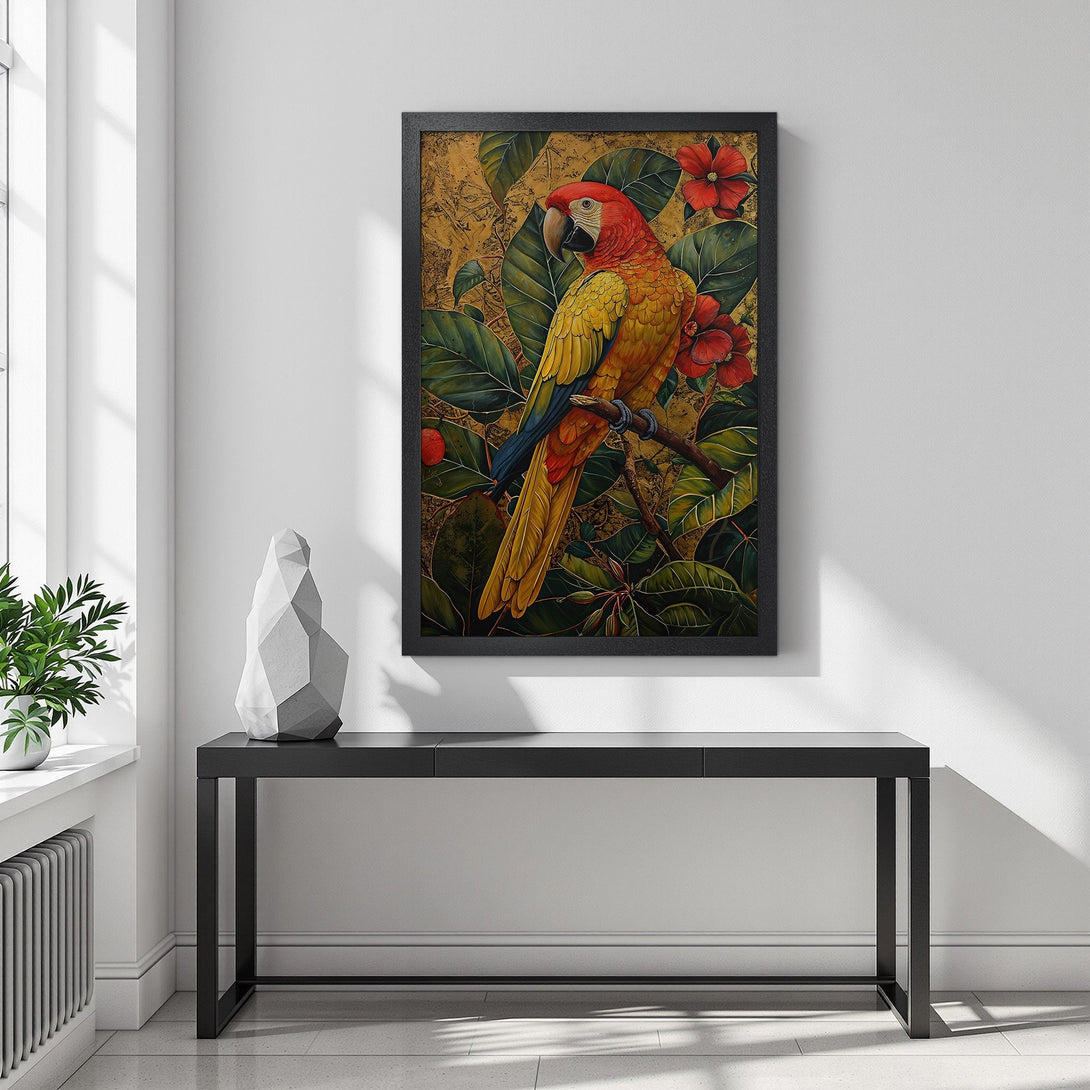 Framed Poster featuring a vibrant parrot illustration. Tropical style with a gold, red, and green color palette. Perfect wall art!