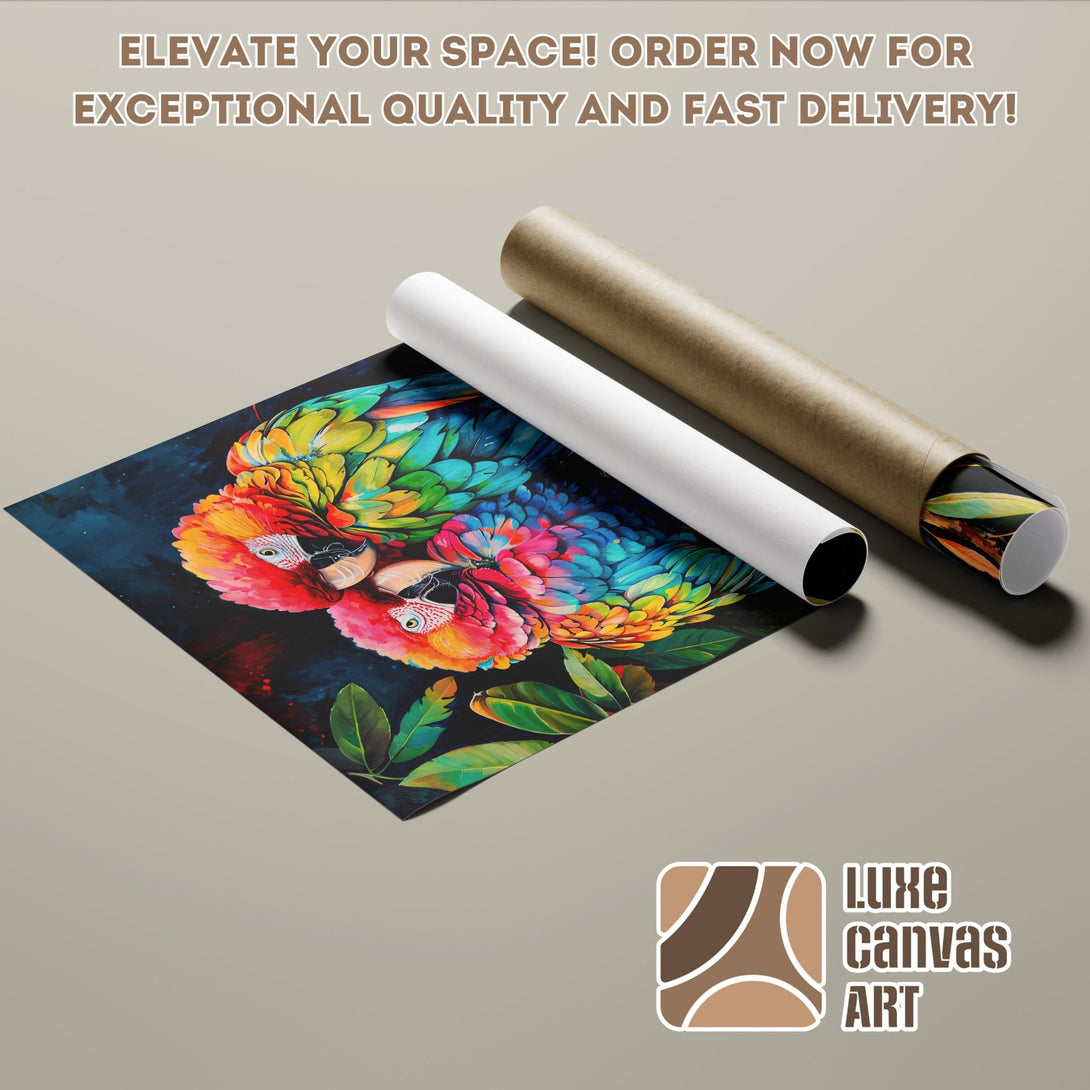 Poster Roll featuring a vibrant, abstract macaw painting with a colorful palette. Perfect wall art!