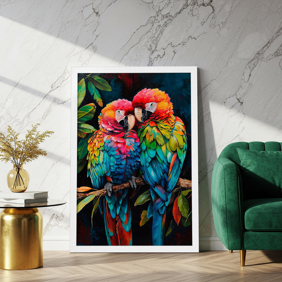 Framed Poster featuring vibrant parrots in a colorful, artistic style. Perfect wall art with a bold, eye-catching color palette.