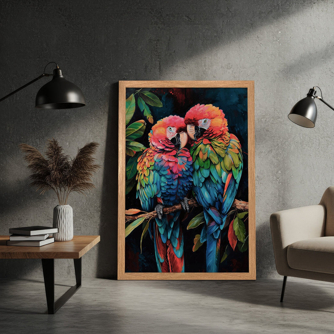 Framed Poster featuring colorful parrots in a vibrant, artistic style. Rich blues, reds, and greens pop against a dark background. Perfect wall art!