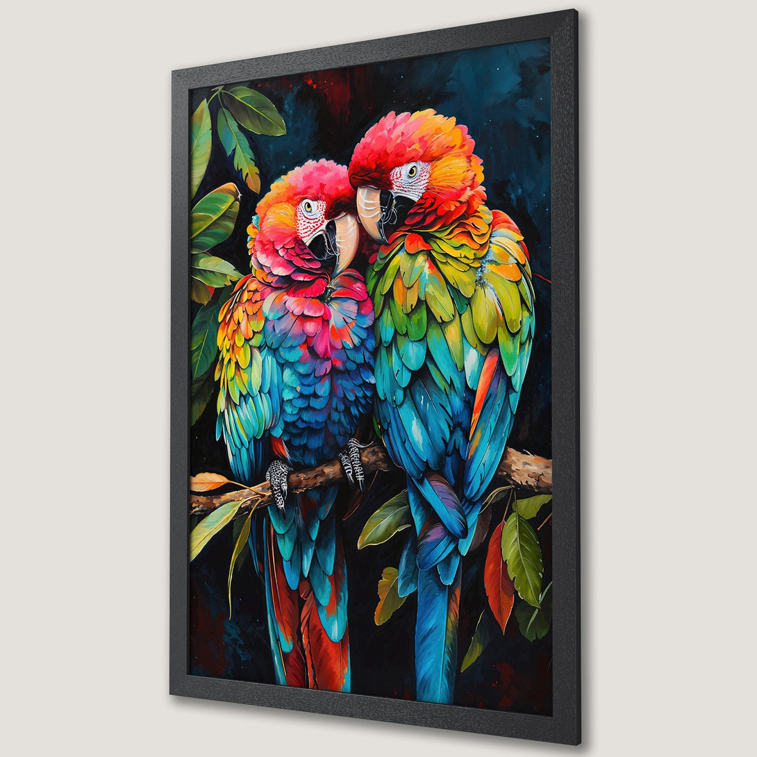 Framed Poster featuring vibrant parrots in a colorful, painterly style. Rich blues, reds, and greens pop against a dark background. Perfect wall art!