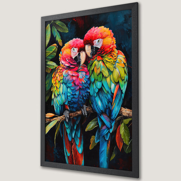 Framed Poster featuring vibrant parrots in a colorful, painterly style. Rich blues, reds, and greens pop against a dark background. Perfect wall art!