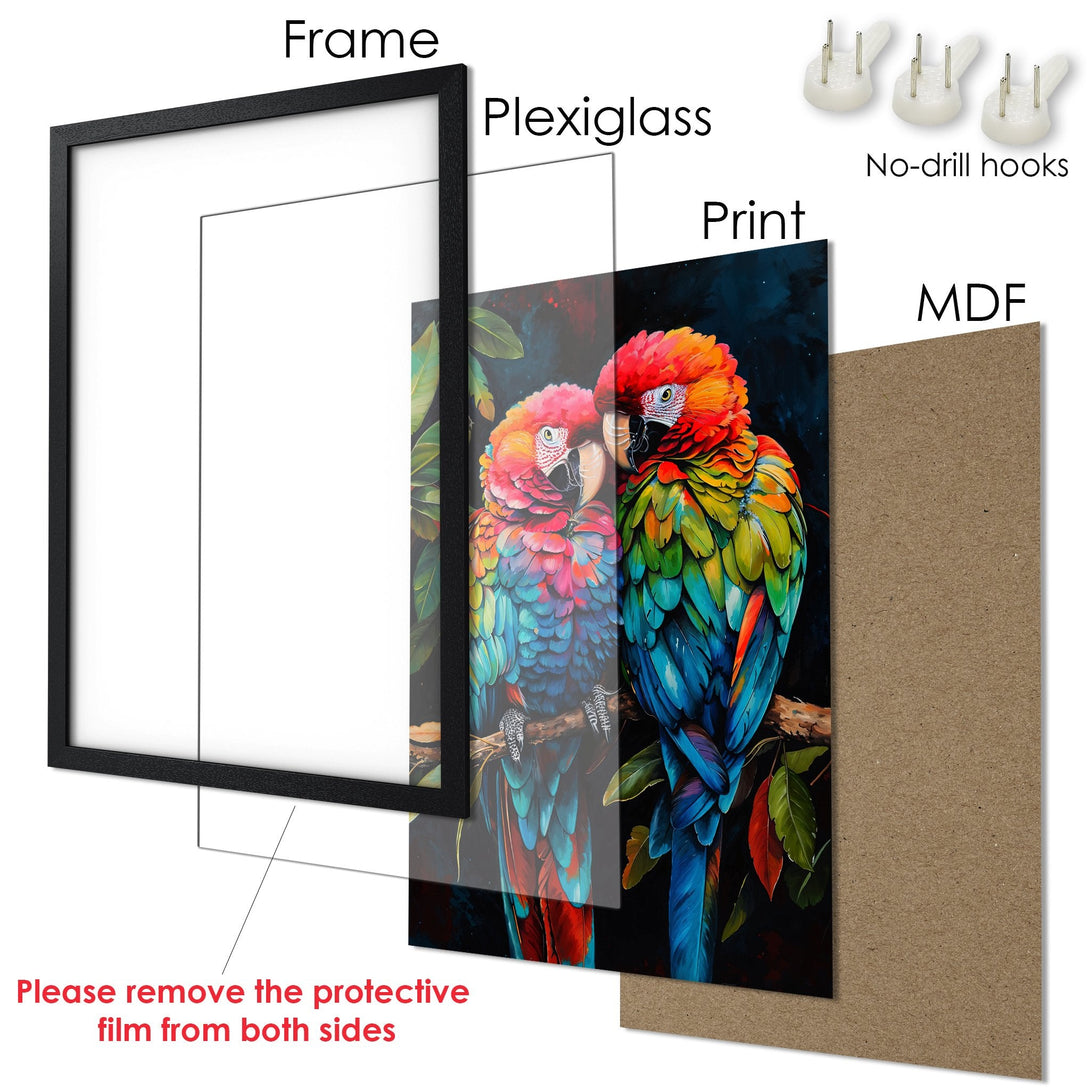 Framed Poster featuring vibrant parrots in a painterly style with a colorful palette. Perfect wall art for your home!