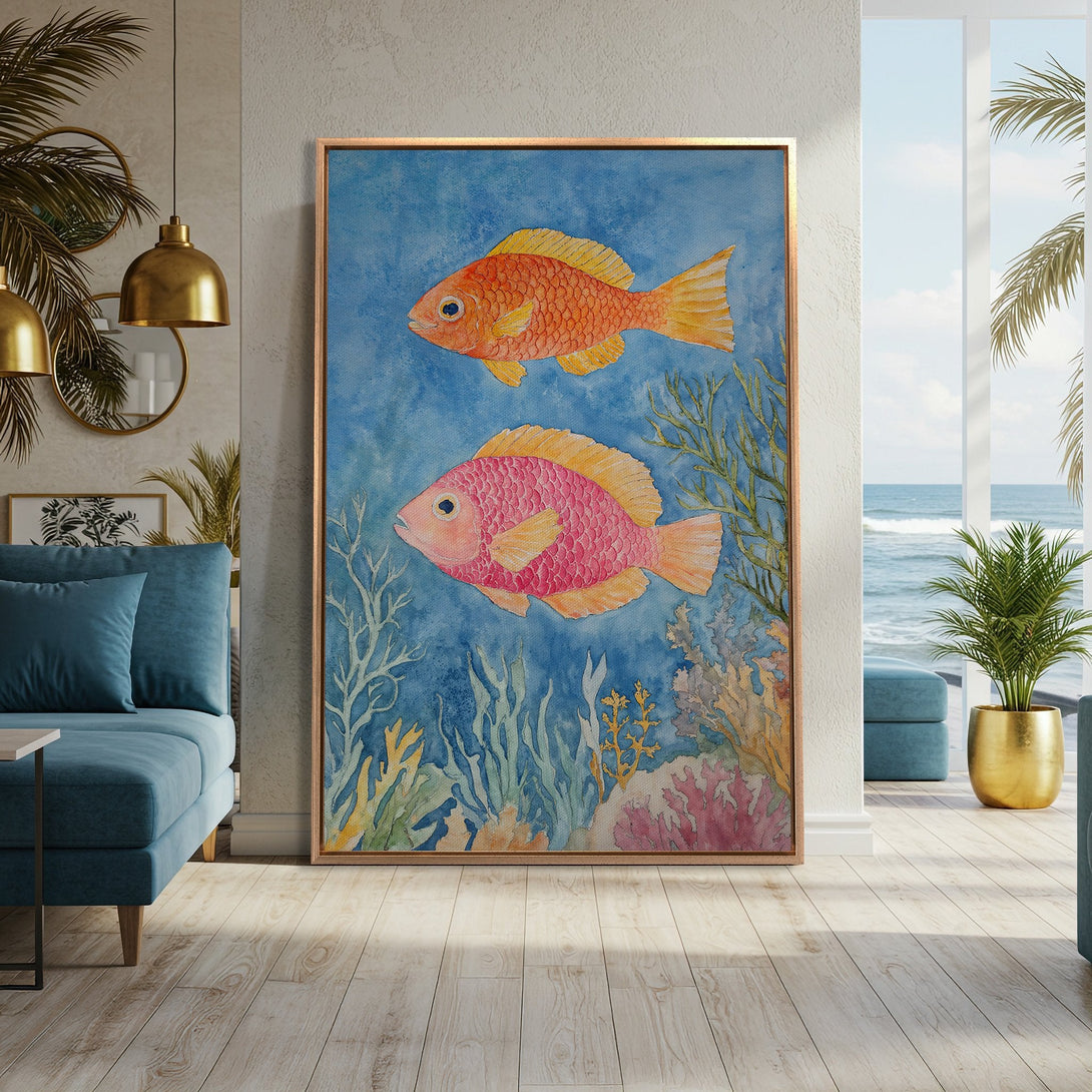 Framed Wall Art featuring watercolor fish in a vibrant blue, orange, and pink palette. Coastal-inspired art to brighten any space.