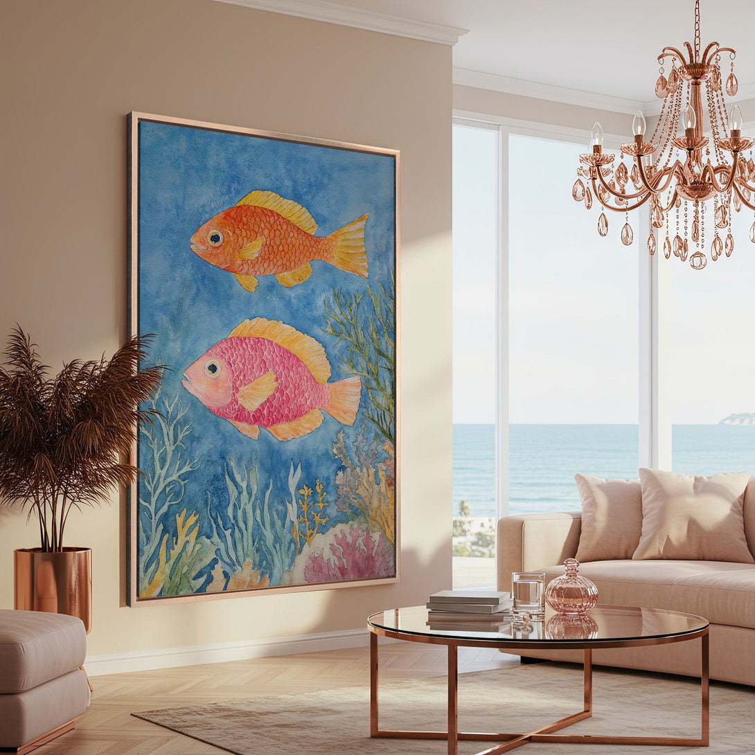 Framed Wall Art featuring watercolor fish in a coastal interior. Blue, orange, and pink color palette. Perfect for beach house decor.