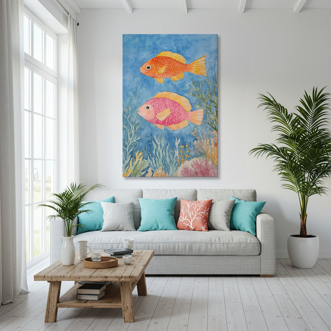 Framed Wall Art: Watercolor fish print in blue and orange, displayed in a coastal living room. Add a touch of the ocean to your home with this beautiful Canvas Print.