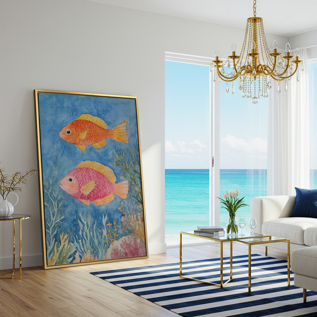 Canvas Print of watercolor fish art, featuring orange and pink fish on a blue background. Adds coastal charm to any space.