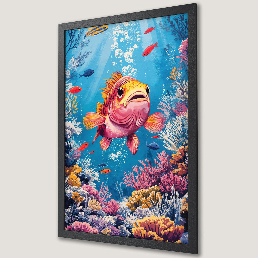 Framed Poster featuring a vibrant underwater scene with a fish. Colorful illustration in blue, pink, and yellow. Perfect wall art!