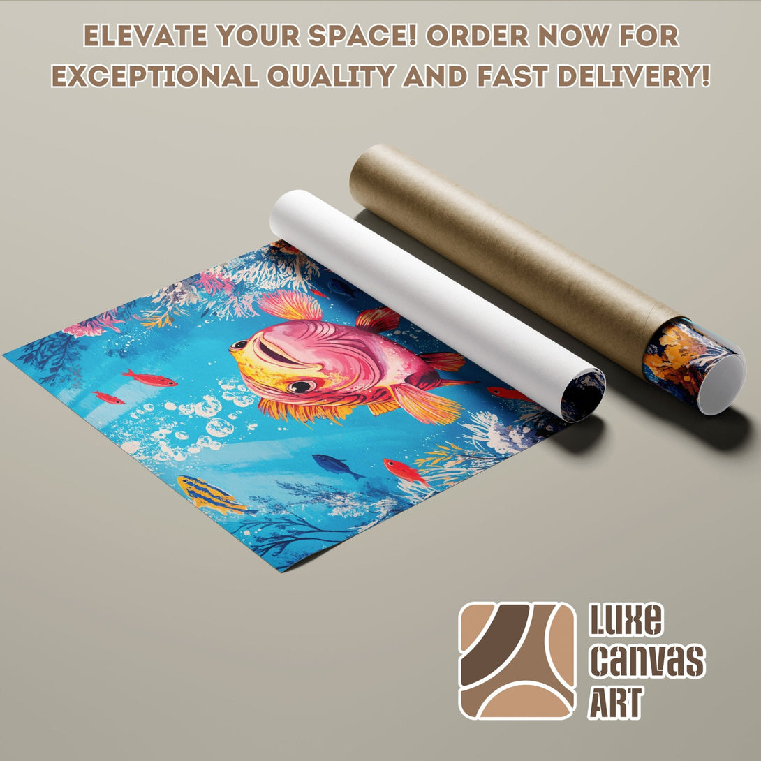 Poster Roll featuring a vibrant fish illustration in blue, pink, and orange. Elevate your space!