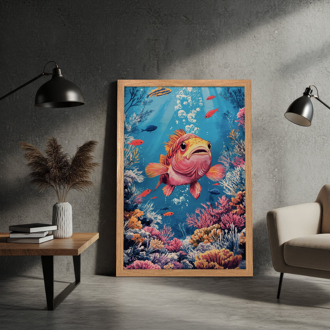 Framed Poster featuring a vibrant underwater scene with a fish, corals, and a blue, pink, and orange palette. Perfect wall art!